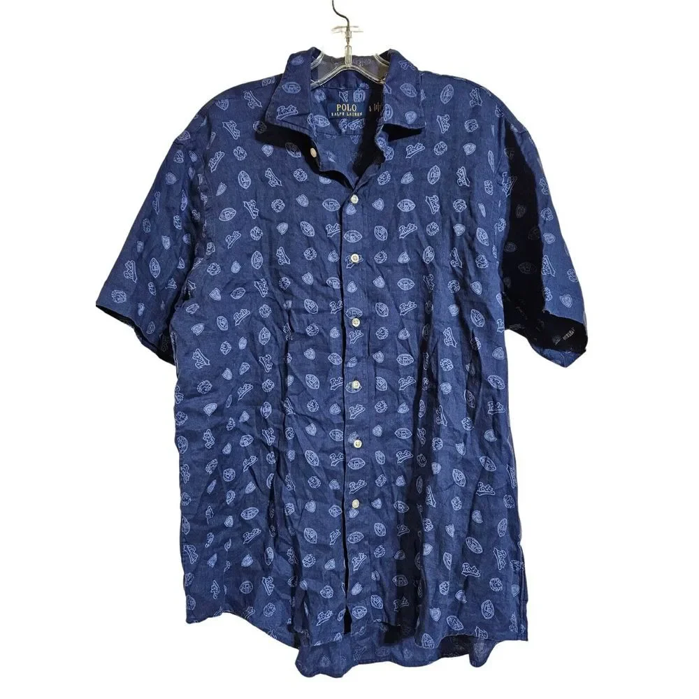 Polo Ralph Lauren Shirt 100% LINEN Blue All Over Rugby Football Print Men's‎ L